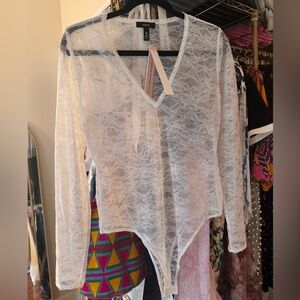 Aqua Sheer White Lace V-Neck Bodysuit